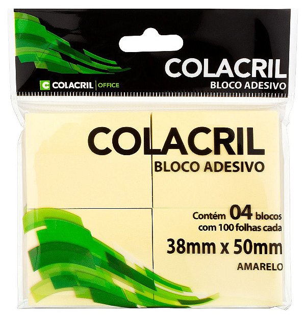 Bloco Adesivo Postit Amarelo 38 x 50 mm com 4 blocos e com 100 folhas cada Colacril Ref: BA38050