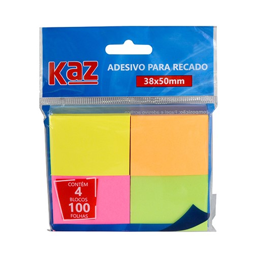 Bloco Adesivo Postit Neon 4 Cores 38 x 50 mm com 4 blocos e 100 folhas cada Kaz Ref: KZ2005N
