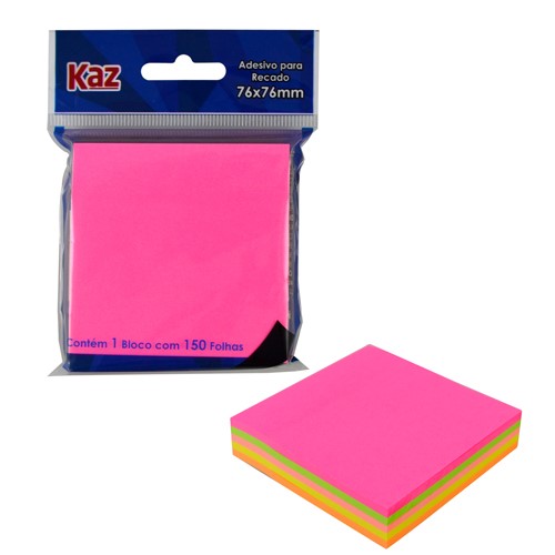 Bloco Adesivo Postit Neon 4 Cores 76 x 76 mm com 150 folhas Kaz Ref: KZ2001N