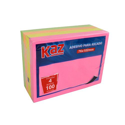 Bloco Adesivo Postit Neon 4 Cores 76 x 102 mm com 400 folhas Kaz Ref: KZ4002N