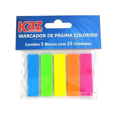 Marcador Bloco Adesivo Postit Retangular Neon 5 Cores (Amarelo, Laranja, Verde, Rosa, Azul) 40 x 5 mm com 25 folhas cada Kaz Ref: KZ4300