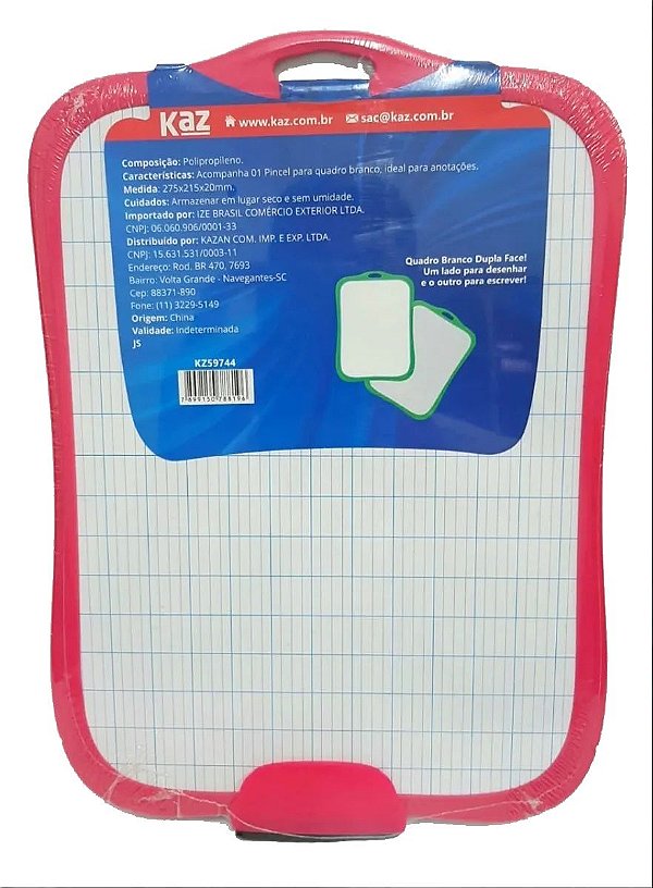 Quadro Branco Dupla Face (Liso e Quadriculado) 27,5 x 21,5 cm com Marcador e Apagador Moldura Plástica Cores Kaz Ref: KZ59744