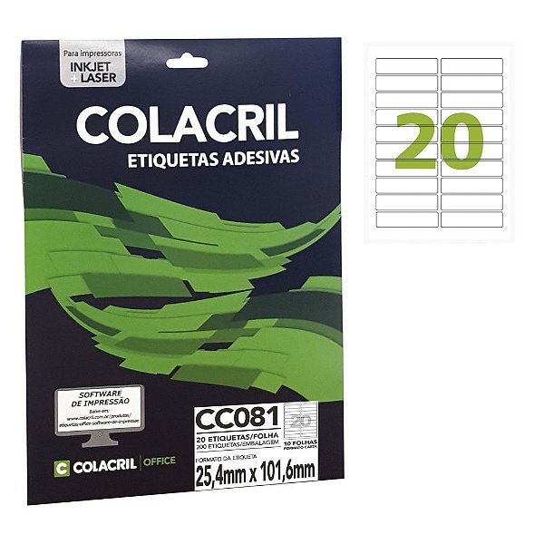 Etiqueta Colacril CC081 25,4 x 101,6 mm com 10 folhas (200 etiquetas)