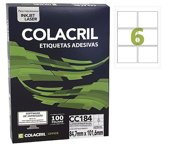 Etiqueta Colacril CC184 84,7 x 101,6 mm com 100 folhas (600 etiquetas)