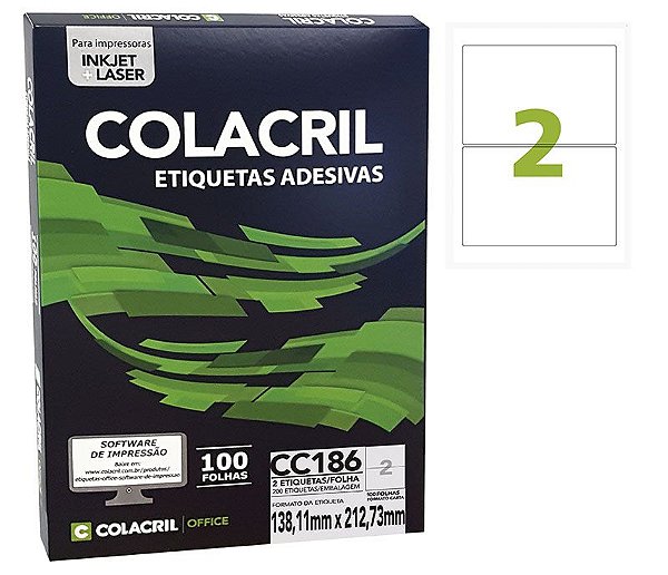 Etiqueta Colacril CC186 138,11 x 212,73 mm com 100 folhas (200 etiquetas)