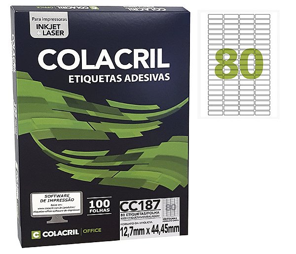 Etiqueta Colacril CC187 12,7 x 44,45 mm com 100 folhas (8000 etiquetas)