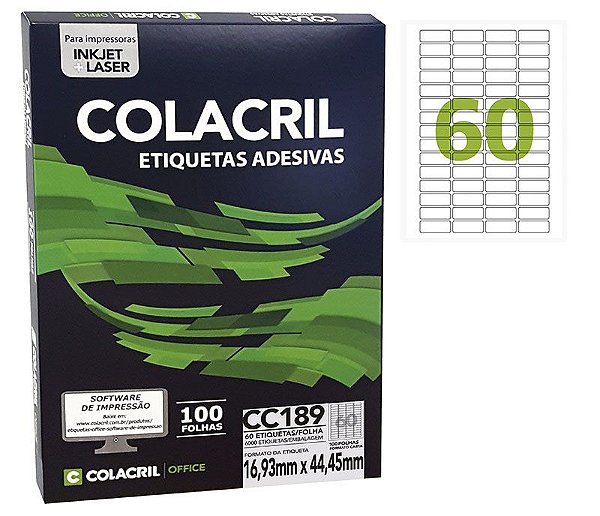 Etiqueta Colacril CC189 16,93 x 44,45 mm com 100 folhas (6000 etiquetas)
