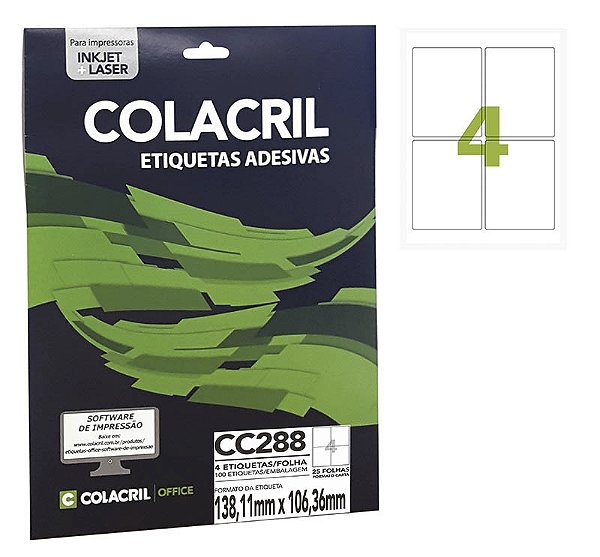 Etiqueta Colacril CC288 138,11 x 106,36 mm com 25 folhas (100 etiquetas)
