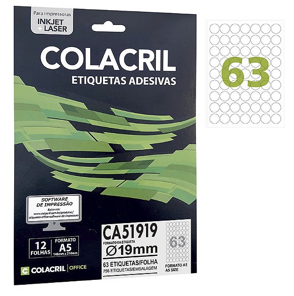 Etiqueta Colacril CA51919 Ø 19 mm com 12 folhas (756 etiquetas)