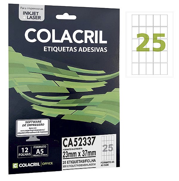 Etiqueta Colacril CA52337 23 x 37 mm com 12 folhas (300 etiquetas)