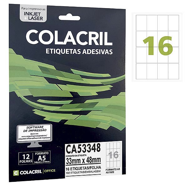 Etiqueta Colacril CA53348 33 x 48 mm com 12 folhas (192 etiquetas)