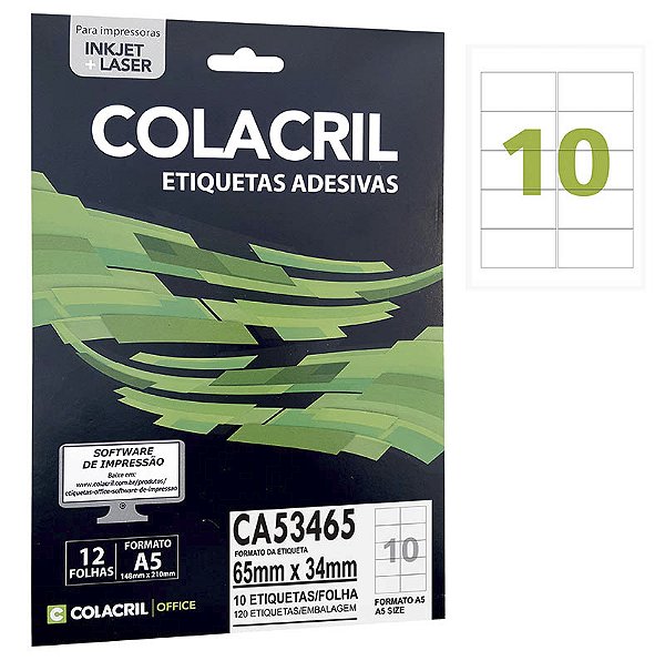 Etiqueta Colacril CA53465 34 x 65 mm com 12 folhas (120 etiquetas)