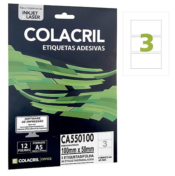 Etiqueta Colacril CA550100 50 x 100 mm com 12 folhas (36 etiquetas)