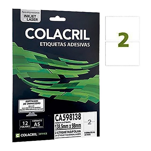 Etiqueta Colacril CA598138 98 x 138,5 mm com 12 folhas (24 etiquetas)