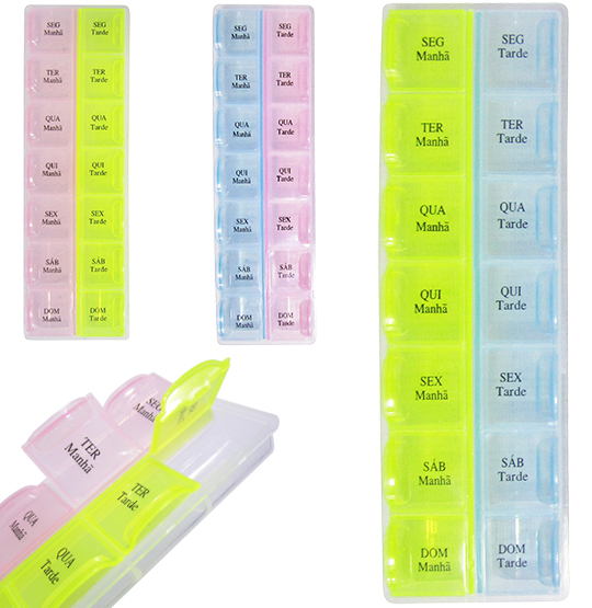 Porta Comprimido Colorido para 7 Dias Manhã/Tarde Duplo Retangular Plástico ABBMix Ref: TMA-0002