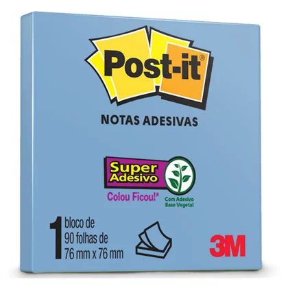 Bloco Adesivo 3M Post-it Notas Adesivas 654 76 X 76mm Azul Cristal 1 Bloco (90 Folhas) Ref: HB004650261