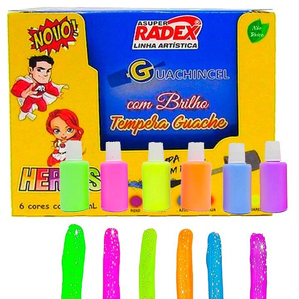 Tinta Guache Radex Pincel com 6 Cores Neon Glitter 18 ml cada Ref: 7032