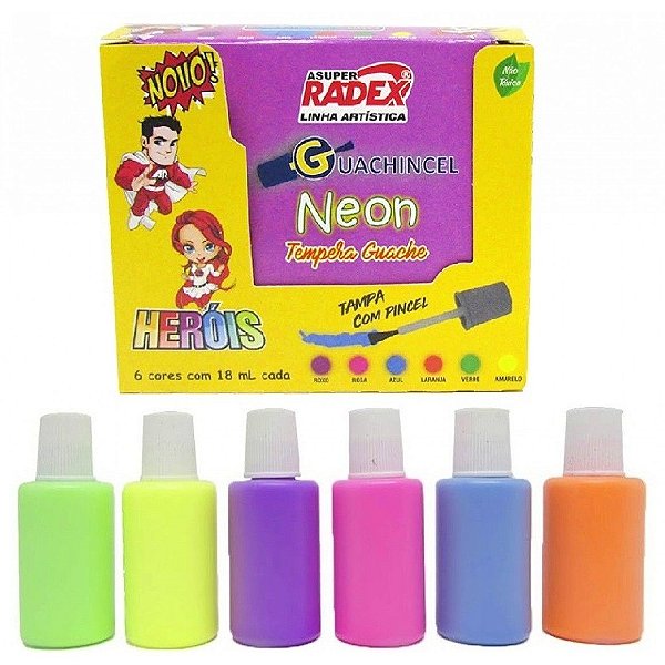 Tinta Guache Radex Pincel com 6 Cores Neon 18 ml cada Ref: 7030