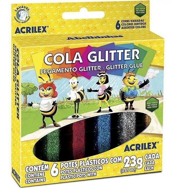 Cola Glitter Acrilex Abelhinhas 6 Cores 23g Cada Ref: 02923