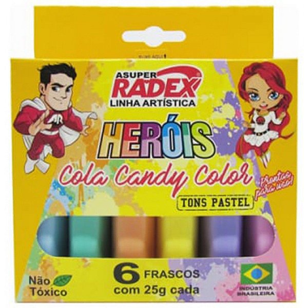 Cola Colorida Radex Candy Color com 6 cores Tons Pastéis 25 g cada Ref: 7974