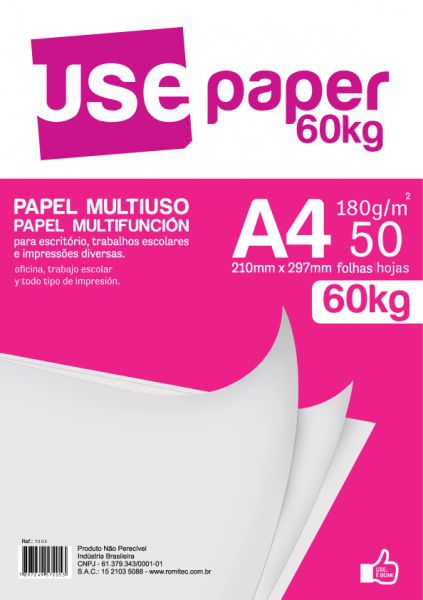 Papel Sulfite A4 Branco Romitec Use Paper 50 folhas 180 g/m² 60 kg