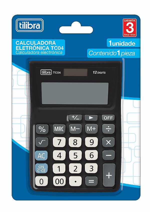 Calculadora Tilibra TC04 Grande Preta Plástica 12 Dígitos de Bolso Ref: 282146