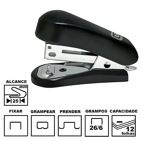 Grampeador Tilibra G101 Preto Mini Plástica 5,8cm 26/6 Ou 24/6 Até 12 Folhas Ref: 289108