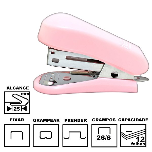 Grampeador Tilibra G101 Rosa Claro Mini Plástica 5,8cm 26/6 Ou 24/6 Até 12 Folhas Ref: 282944