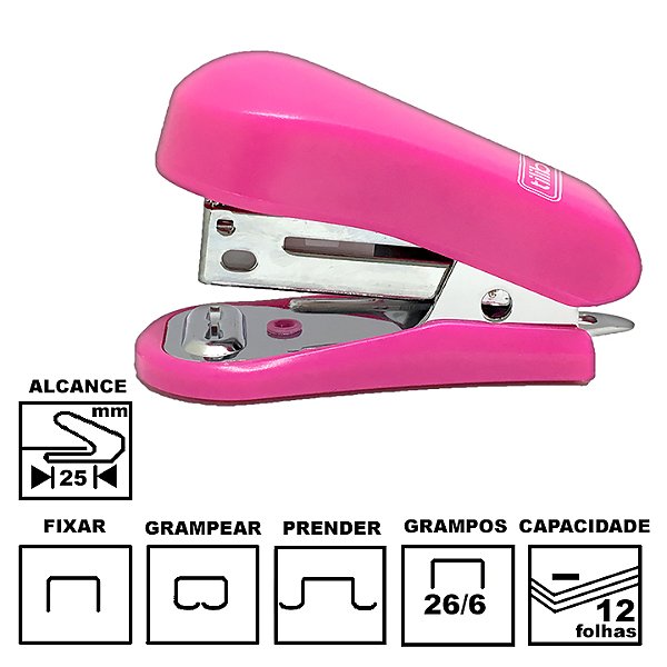 Grampeador Tilibra G101 Rosa Pink Mini Plástica 5,8cm 26/6 Ou 24/6 Até 12 Folhas Ref: 243485