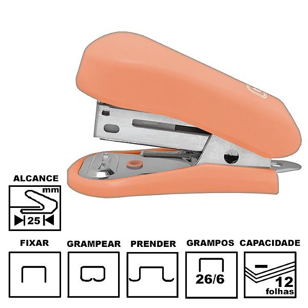 Grampeador Tilibra G101 Salmão Mini Plástica 5,8cm 26/6 Ou 24/6 Até 12 Folhas Ref: 315443