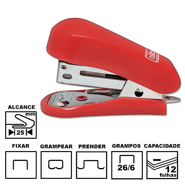 Grampeador Tilibra G101 Vermelho Mini Plástica 5,8cm 26/6 Ou 24/6 Até 12 Folhas Ref: 285609