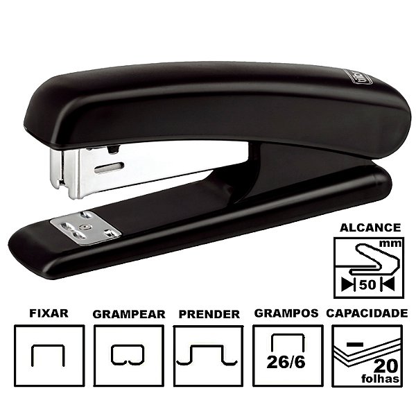 Grampeador Tilibra G102 Preto Plástico 12cm 26/6 Ou 24/6 Até 20 Folhas Ref: 211338
