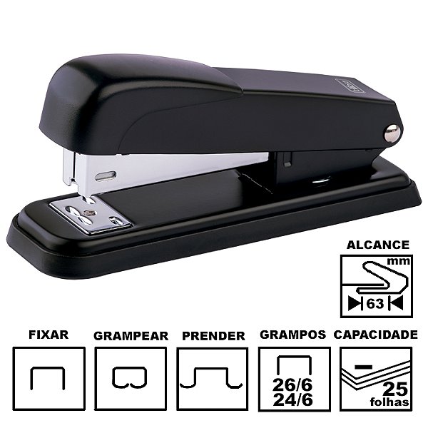 Grampeador Tilibra G104 Preto Metálico 12,7cm 26/6 Ou 24/6 Até 25 Folhas Ref: 211354