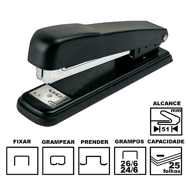 Grampeador Tilibra G105 Preto Metálico 15,8cm 26/6 Ou 24/6 Até 25 Folhas Ref: 211362
