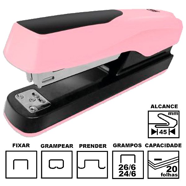 Grampeador Tilibra G122 Rosa Claro Plástico 12cm 26/6 Ou 24/6 Até 20 Folhas Ref: 282979