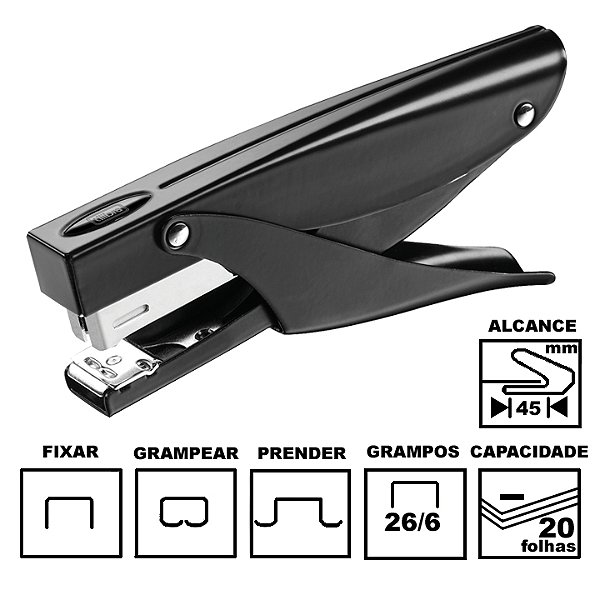 Grampeador Tilibra G123 Preto Alicate Metálico 16cm 26/6 Ou 24/6 Até 20 Folhas Ref: 237949
