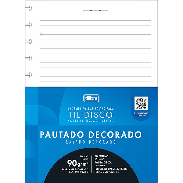 Refil Universitário Grande Tilidisco Branco Pautado Decorado 80 Folhas 90g/m² Tilibra Ref: 332674
