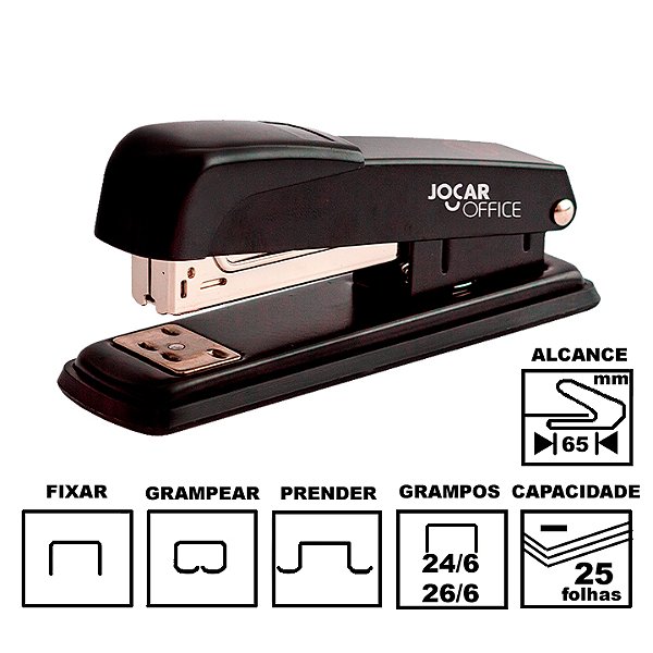 Grampeador Jocar Office 93014 Preto Metálico 13cm 24/6 Ou 26/6 Até 25 Folhas