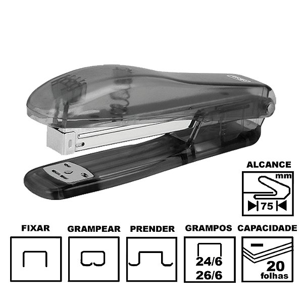 Grampeador Tilibra G153 Preto Plástico 14,5cm 26/6 Ou 24/6 Até 20 Folhas Ref: 325571