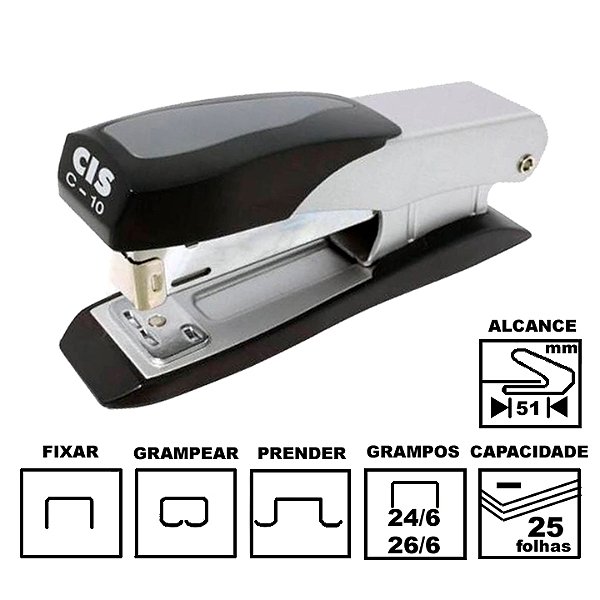 Grampeador Cis C-10 Compact Prata Preto Metálico 12,4cm 26/6 Ou 24/6 Até 25 Folhas Ref: 5.7000