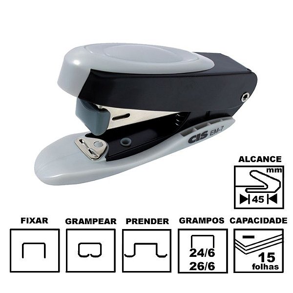 Grampeador Cis C-EM-7 Prata e Preto Plástico 11 cm 26/6 ou 24/6 até 15 folhas Ref: 18.8200