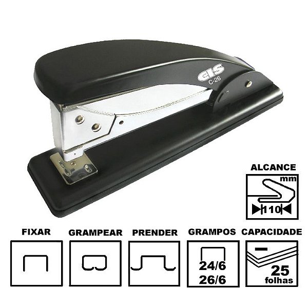 Grampeador Cis C-26 Preto Metálico 20 cm 26/6 ou 24/6 até 25 folhas Ref: 19.9700