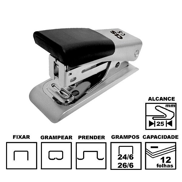Grampeador Cis C-5 Mini Prata Metálico 6,5 cm 26/6 ou 24/6 até 12 folhas Ref: 34.1200