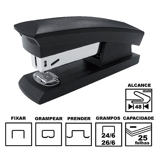 Grampeador Cis C-8 Preto Plástico 11cm 26/6 Ou 24/6 Até 25 Folhas Ref: 20.6800