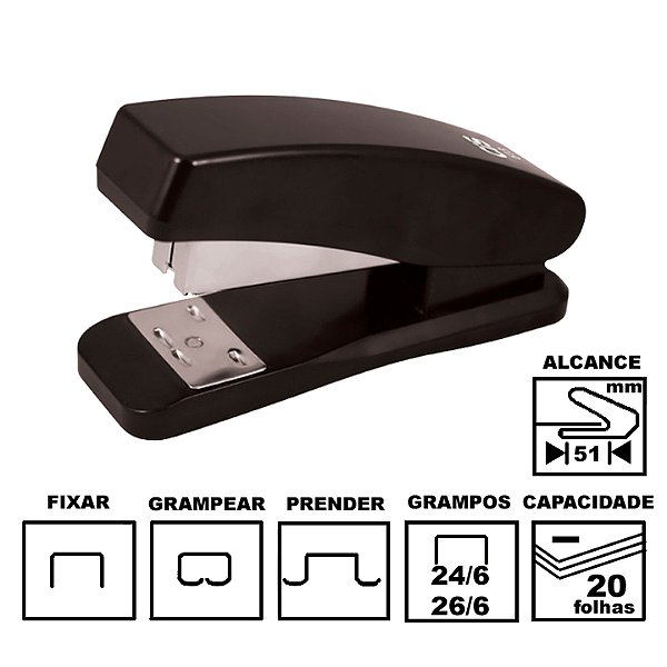 Grampeador Cis C-TS 613 Preto Plástico 10cm 26/6 Ou 24/6 Até 20 Folhas Ref: 5.0100
