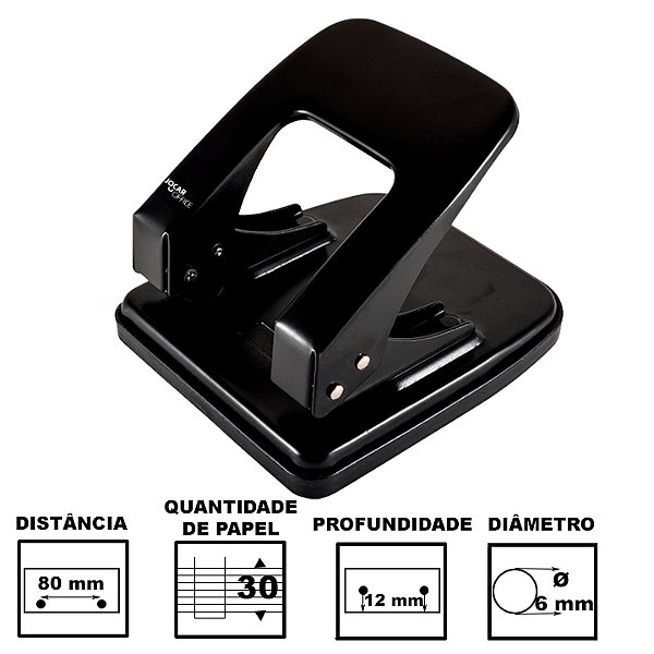 Perfurador de Papel Jocar Office Preto com 2 furos até 30 folhas Ref: 93021