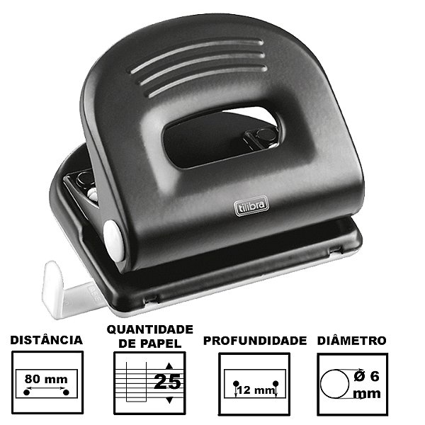 Perfurador De Papel Tilibra P202 Preto Com 2 Furos Até 25 Folhas Ref: 211389
