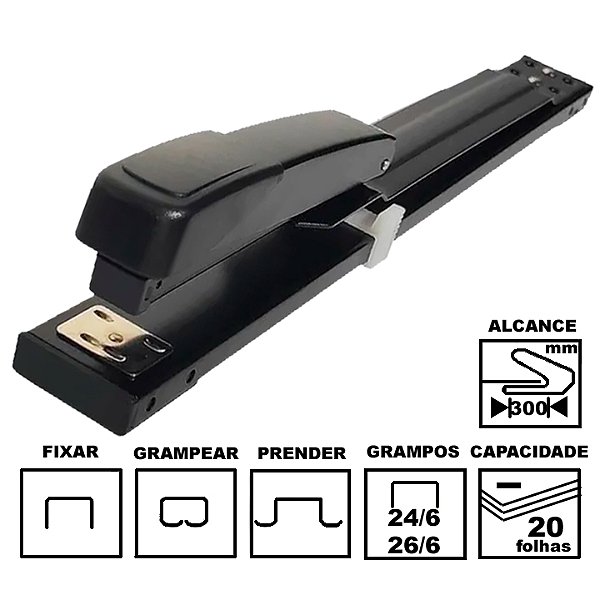 Grampeador Adeck GP 105L Preto Metálico 41,5cm 26/6 Ou 24/6 Até 20 Folhas