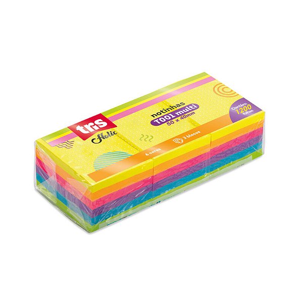 Bloco Adesivo Tris Holic T001 Multi 50 x 40mm 6 Cores Neon 3 Blocos 1200 Folhas (100 Folhas Cada) Ref: 687506