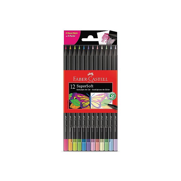 Lápis de Cor Faber Castell Super Soft Redondo 12 Cores (6 Neon e 6 Pastel) Ref: 120712SOFTNP